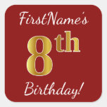 [ Thumbnail: Red, Faux Gold 8th Birthday + Custom Name Sticker ]