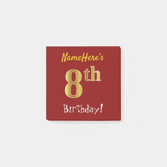 Red, Faux Gold 8th Birthday, With Custom Name Post-it Notes (Front)
