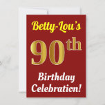 [ Thumbnail: Red, Faux Gold 90th Birthday Celebration + Name Invitation ]