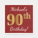 [ Thumbnail: Red, Faux Gold 90th Birthday + Custom Name Napkins ]