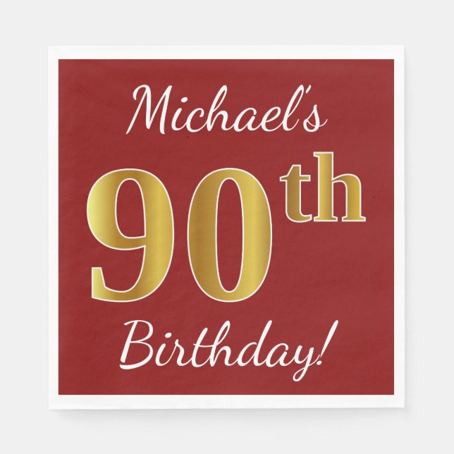 Red, Faux Gold 90th Birthday + Custom Name Napkins (Front)