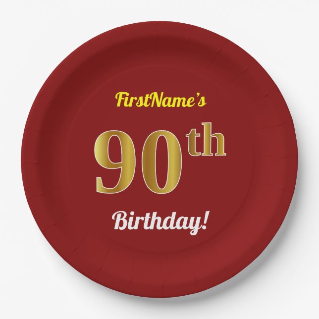Red, Faux Gold 90th Birthday + Custom Name Paper Plates (Front)
