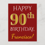 [ Thumbnail: Red, Faux Gold 90th Birthday + Custom Name Postcard ]
