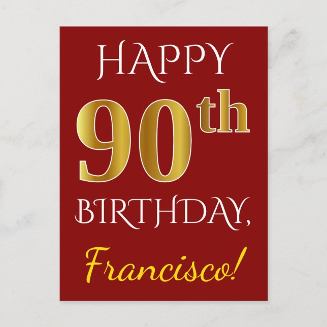 Red, Faux Gold 90th Birthday + Custom Name Postcard (Front)