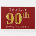 [ Thumbnail: Red, Faux Gold 90th Birthday Party + Custom Name Guest Book ]