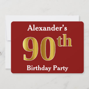 Red, Faux Gold 90th Birthday Party + Custom Name Invitation