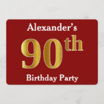 [ Thumbnail: Red, Faux Gold 90th Birthday Party + Custom Name Invitation ]