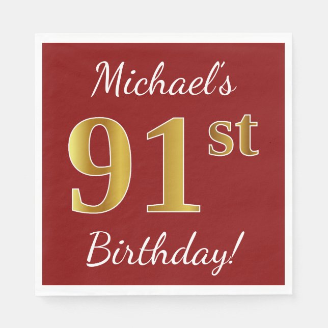 Red, Faux Gold 91st Birthday + Custom Name Napkins (Front)