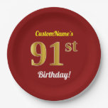 [ Thumbnail: Red, Faux Gold 91st Birthday + Custom Name Paper Plates ]