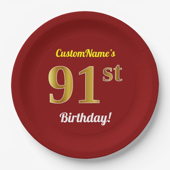 Red, Faux Gold 91st Birthday + Custom Name Paper Plates (Front)