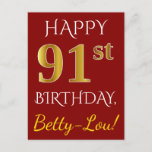 [ Thumbnail: Red, Faux Gold 91st Birthday + Custom Name Postcard ]