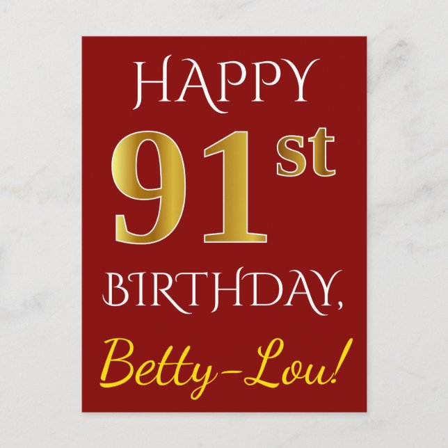 Red, Faux Gold 91st Birthday + Custom Name Postcard (Front)