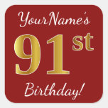 [ Thumbnail: Red, Faux Gold 91st Birthday + Custom Name Sticker ]