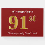 [ Thumbnail: Red, Faux Gold 91st Birthday Party + Custom Name Guest Book ]