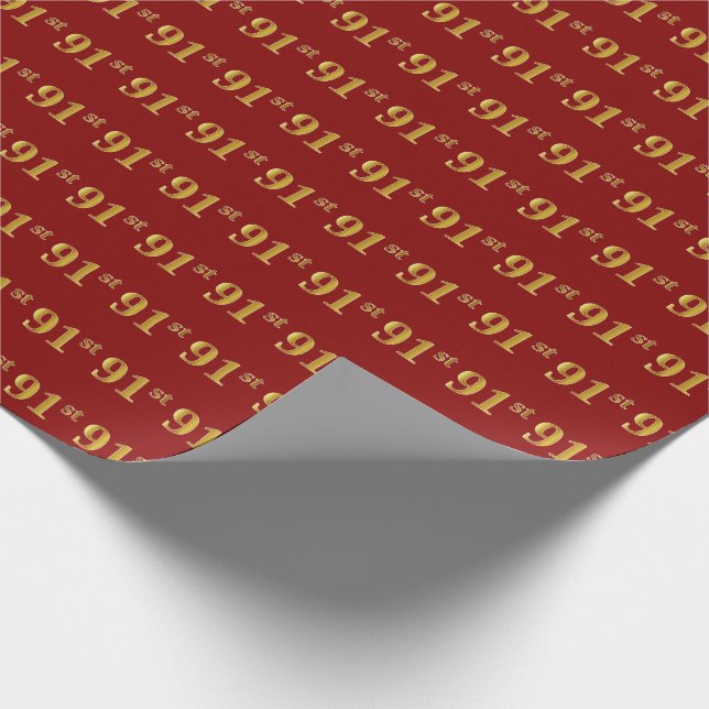 Red, Faux Gold 91st (Ninety-First) Event Wrapping Paper (Corner)