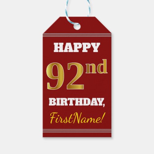 Red Faux Gold 92nd Birthday  Custom Name Gift Tags