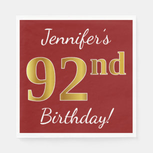 Red, Faux Gold 92nd Birthday + Custom Name Napkins