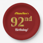 [ Thumbnail: Red, Faux Gold 92nd Birthday + Custom Name Paper Plates ]