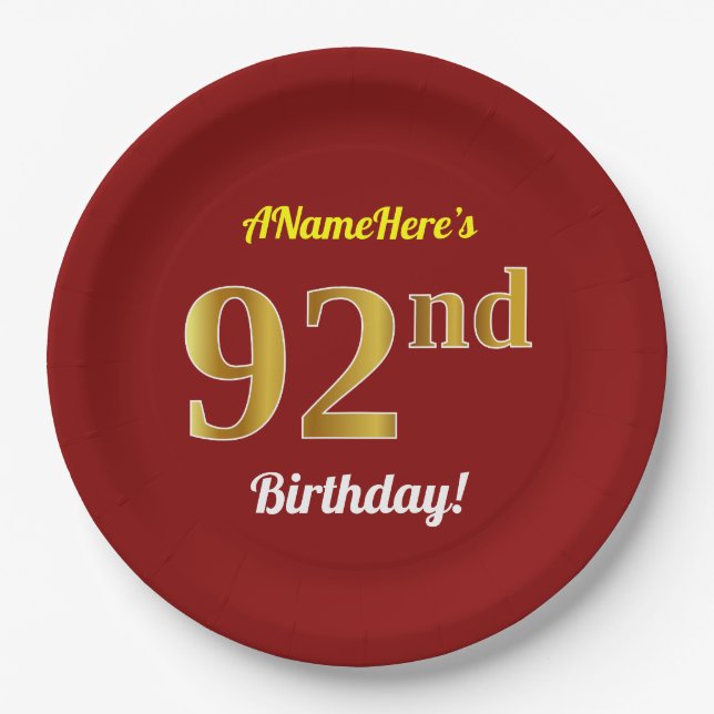 Red, Faux Gold 92nd Birthday + Custom Name Paper Plates (Front)