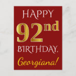 [ Thumbnail: Red, Faux Gold 92nd Birthday + Custom Name Postcard ]