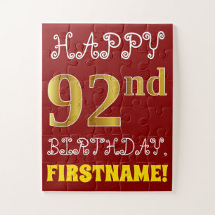 Red, Faux Gold 92nd Birthday + Custom Name Puzzle