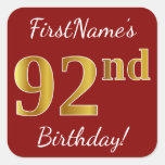 [ Thumbnail: Red, Faux Gold 92nd Birthday + Custom Name Sticker ]