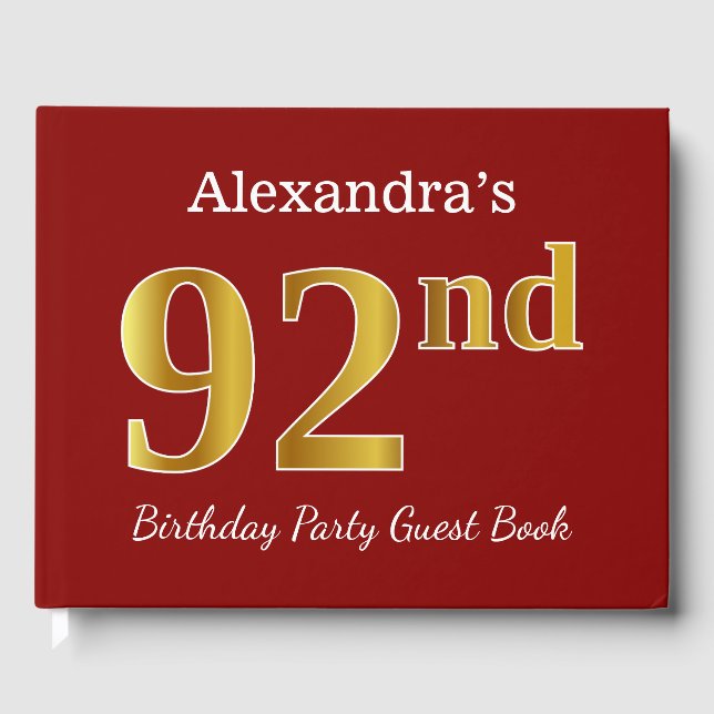 Red, Faux Gold 92nd Birthday Party + Custom Name Guest Book (Front)