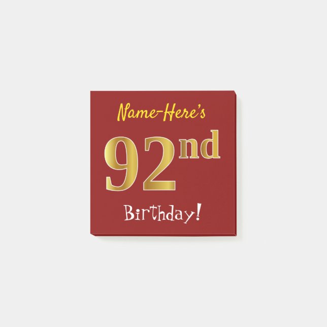 Red, Faux Gold 92nd Birthday, With Custom Name Post-it Notes (Front)