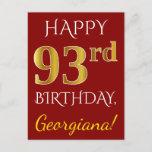 [ Thumbnail: Red, Faux Gold 93rd Birthday + Custom Name Postcard ]