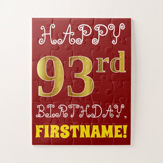 Red, Faux Gold 93rd Birthday + Custom Name Puzzle (Vertical)