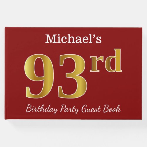 Red Faux Gold 93rd Birthday Party  Custom Name Guest Book