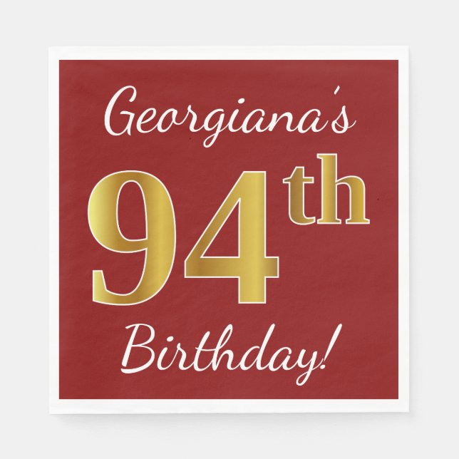 Red, Faux Gold 94th Birthday + Custom Name Paper Napkins (Front)