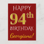 [ Thumbnail: Red, Faux Gold 94th Birthday + Custom Name Postcard ]