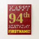 [ Thumbnail: Red, Faux Gold 94th Birthday + Custom Name Puzzle ]