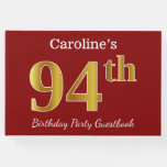 [ Thumbnail: Red, Faux Gold 94th Birthday Party + Custom Name Guest Book ]