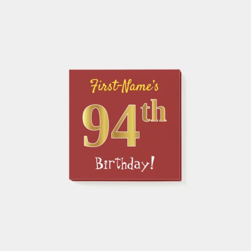 Red Faux Gold 94th Birthday With Custom Name Post_it Notes