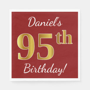 Red, Faux Gold 95th Birthday + Custom Name Paper Napkins