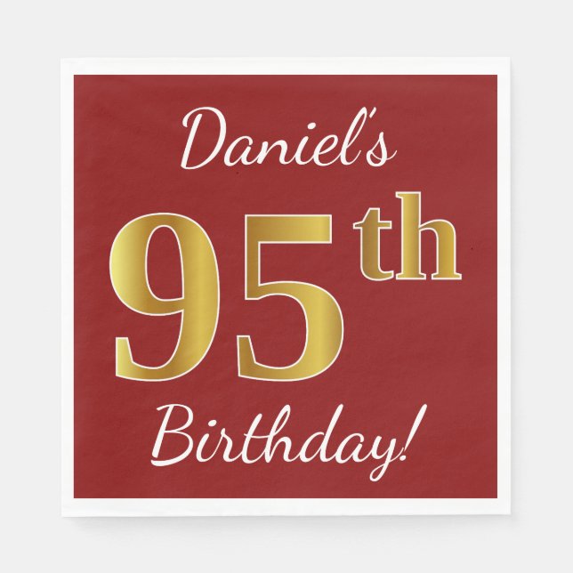 Red, Faux Gold 95th Birthday + Custom Name Paper Napkins (Front)