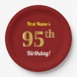 [ Thumbnail: Red, Faux Gold 95th Birthday + Custom Name Paper Plates ]