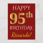 [ Thumbnail: Red, Faux Gold 95th Birthday + Custom Name Postcard ]