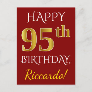 Red, Faux Gold 95th Birthday + Custom Name Postcard