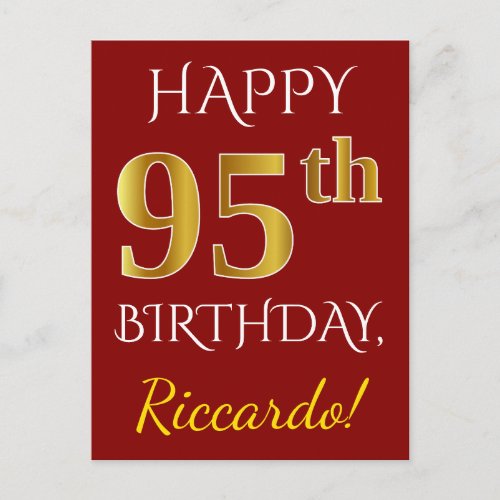 Red Faux Gold 95th Birthday  Custom Name Postcard