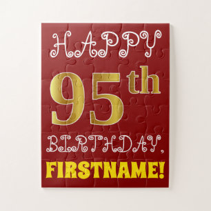 Red, Faux Gold 95th Birthday + Custom Name Puzzle