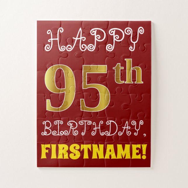 Red, Faux Gold 95th Birthday + Custom Name Puzzle (Vertical)
