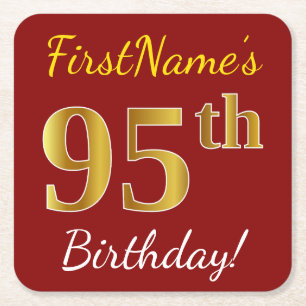 Red, Faux Gold 95th Birthday + Custom Name Square Paper Coaster