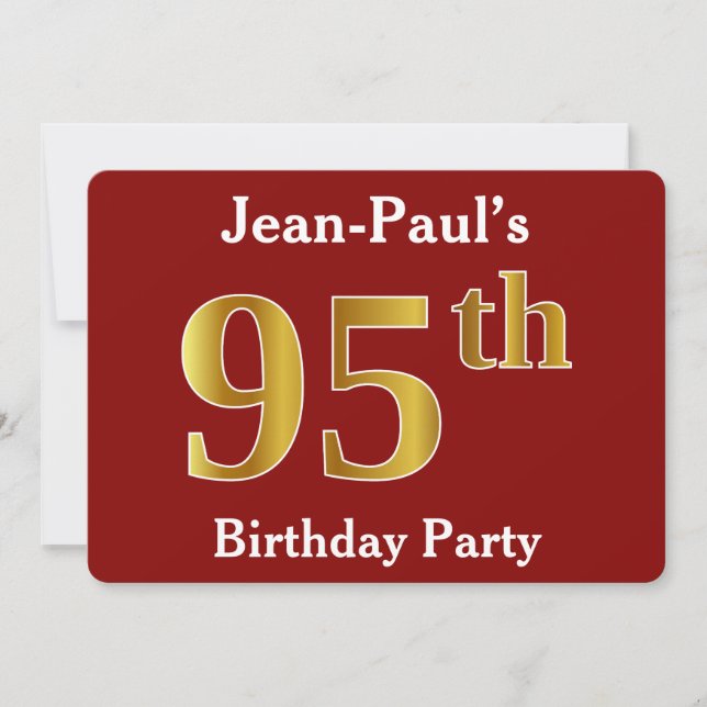 Red, Faux Gold 95th Birthday Party + Custom Name Invitation (Front)