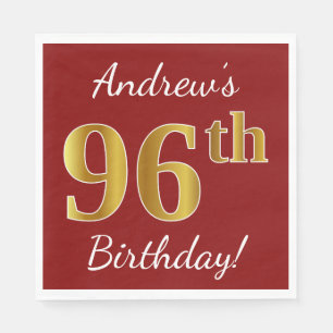 Red, Faux Gold 96th Birthday + Custom Name Paper Napkins
