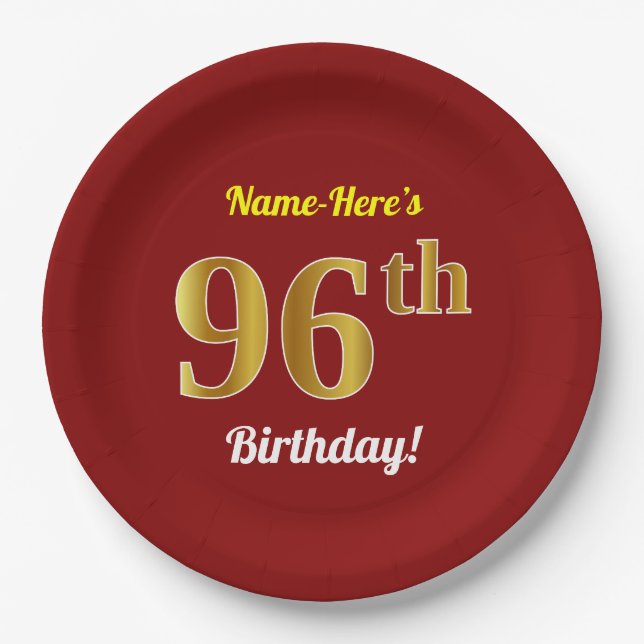 Red, Faux Gold 96th Birthday + Custom Name Paper Plates (Front)