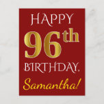 [ Thumbnail: Red, Faux Gold 96th Birthday + Custom Name Postcard ]