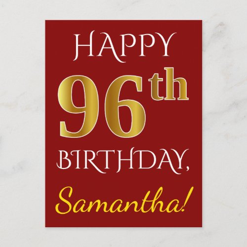 Red Faux Gold 96th Birthday  Custom Name Postcard